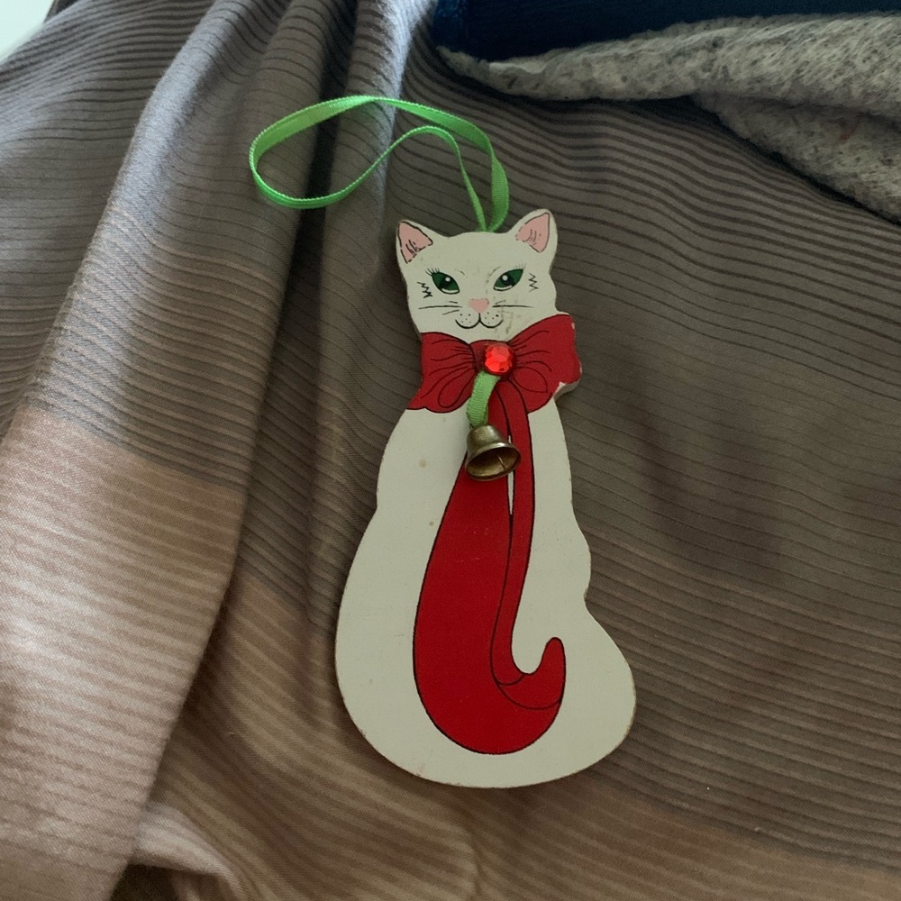 Festive Cat Ornament with Red Bow